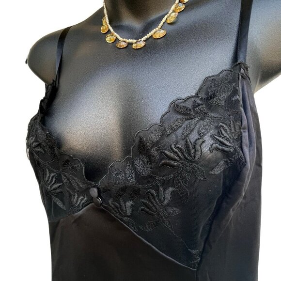 VTG 80s Vanity Fair Full Slip Dress Floral Sheer Bodice Silky Black Women’s 36 - Picture 3 of 10